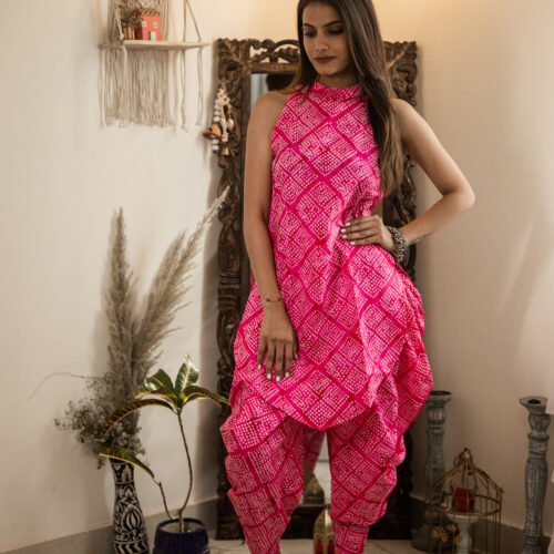 Hot Pink Bandhani Printed Halter Neck Cotton Dress