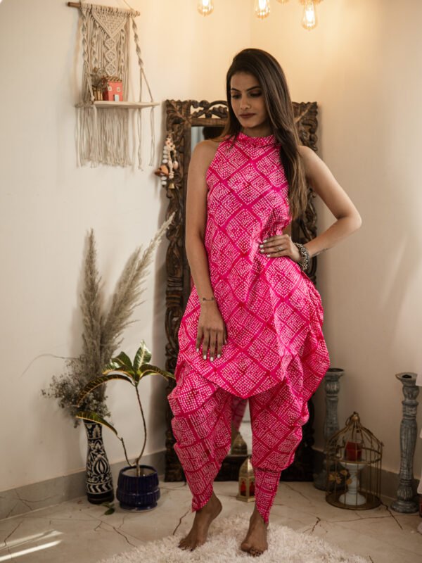 Hot Pink Bandhani Printed Halter Neck Cotton Dress