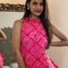 Hot Pink Bandhani Printed Halter Neck Cotton Dress