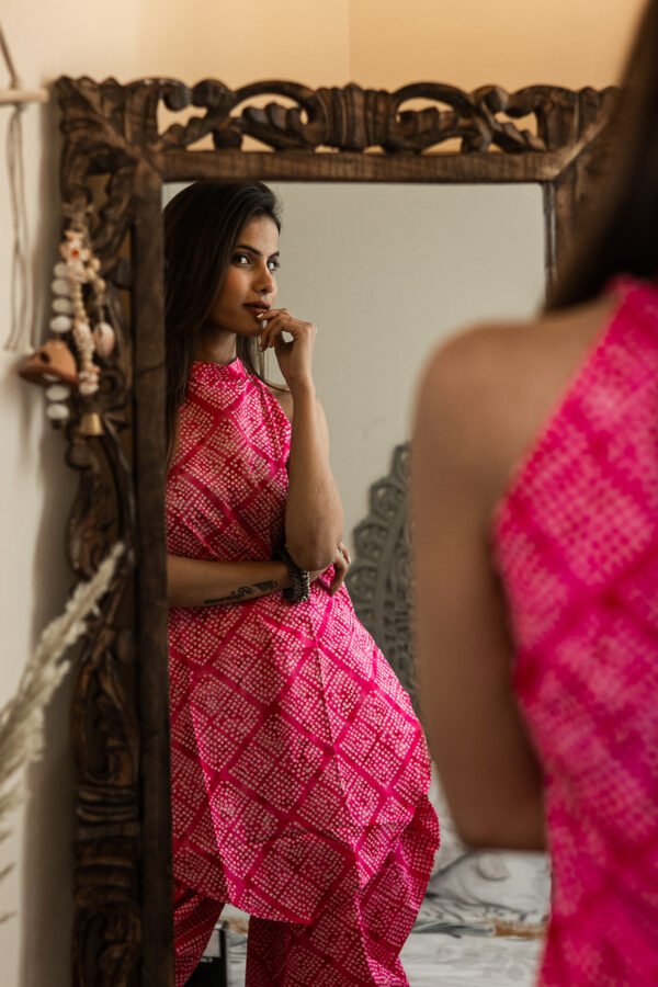 Hot Pink Bandhani Printed Halter Neck Cotton Dress