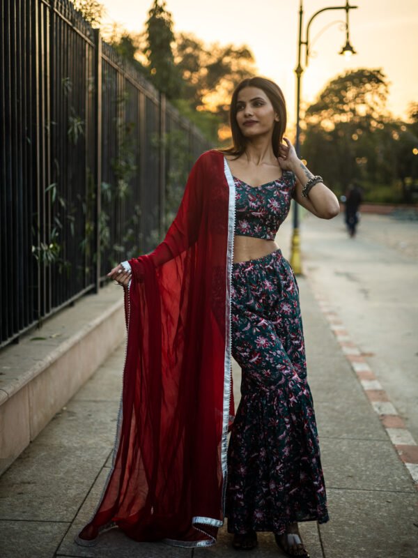 Trendy Floral Printed Backless Sharara Set with Ruffle Blouse | Party & Festive Wear