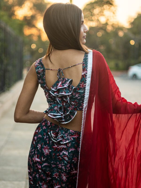 Trendy Floral Printed Backless Sharara Set with Ruffle Blouse | Party & Festive Wear