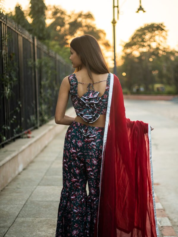 Trendy Floral Printed Backless Sharara Set with Ruffle Blouse | Party & Festive Wear