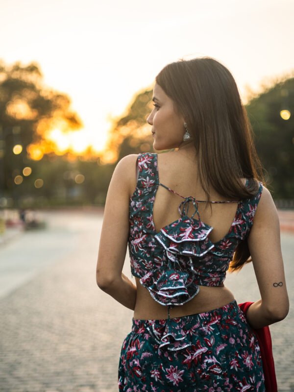 Trendy Floral Printed Backless Sharara Set with Ruffle Blouse | Party & Festive Wear
