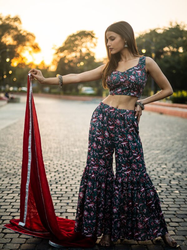 Trendy Floral Printed Backless Sharara Set with Ruffle Blouse | Party & Festive Wear