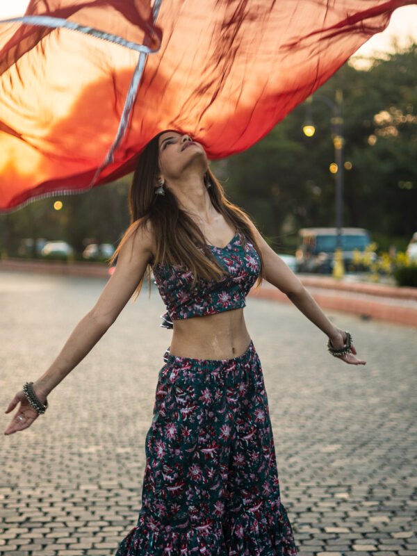 Trendy Floral Printed Backless Sharara Set with Ruffle Blouse | Party & Festive Wear