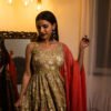 Olive Green Floral Cotton Anarkali Dress with Dupatta