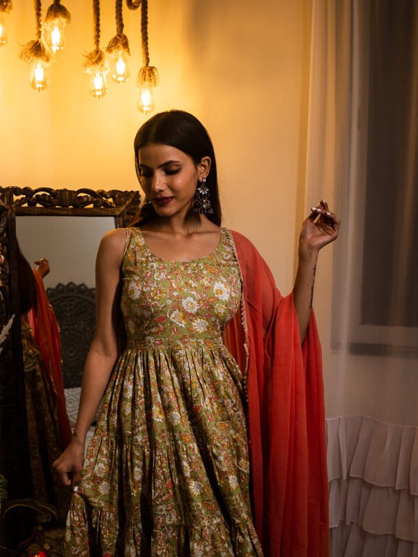 Olive Green Floral Cotton Anarkali Dress with Dupatta