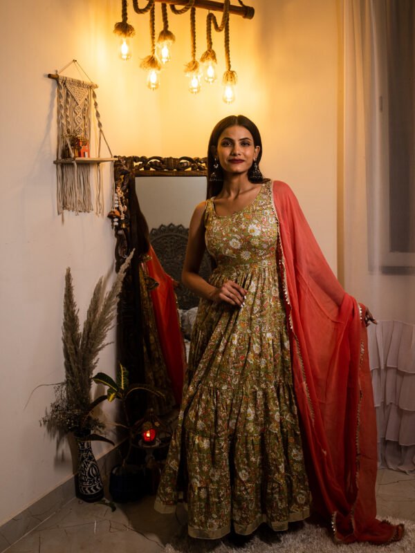 Olive Green Floral Cotton Anarkali Dress with Dupatta