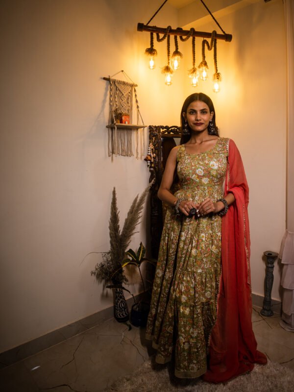 Olive Green Floral Cotton Anarkali Dress with Dupatta
