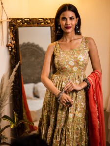 Olive Green Floral Cotton Anarkali Dress with Dupatta