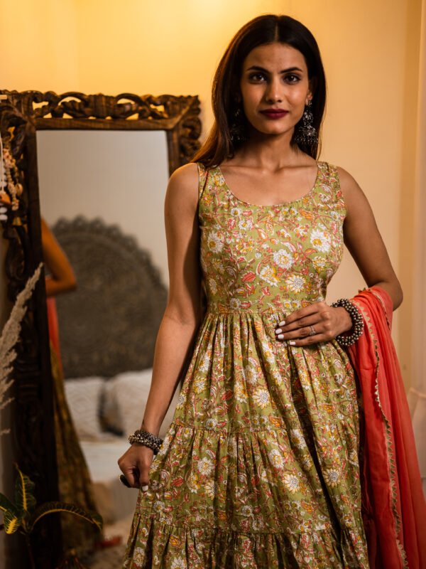 Olive Green Floral Cotton Anarkali Dress with Dupatta