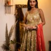 Olive Green Floral Cotton Anarkali Dress with Dupatta