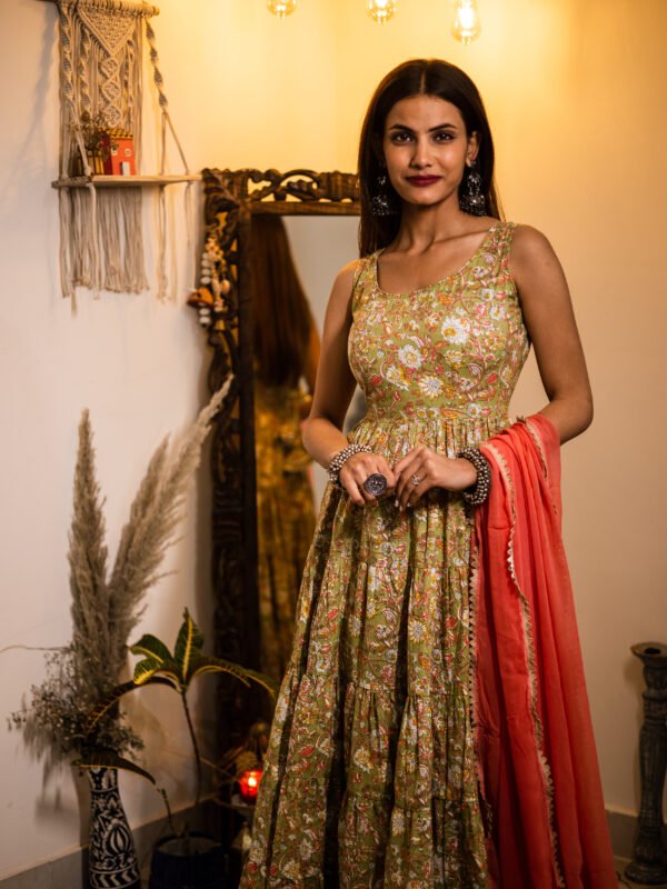 Olive Green Floral Cotton Anarkali Dress with Dupatta