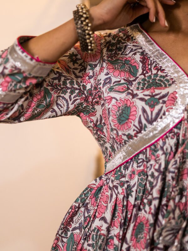 Elegant Handblock Printed Cotton Kurta with Silver Detailing