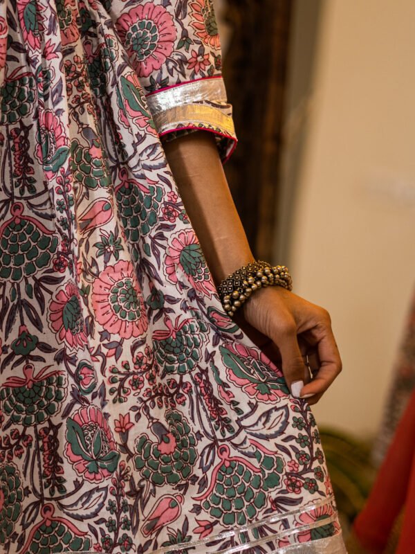 Elegant Handblock Printed Cotton Kurta with Silver Detailing