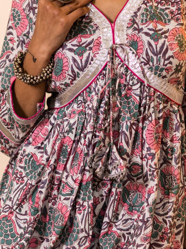 Elegant Handblock Printed Cotton Kurta with Silver Detailing