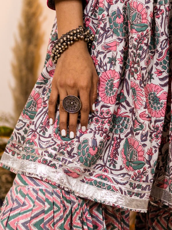 Elegant Handblock Printed Cotton Kurta with Silver Detailing
