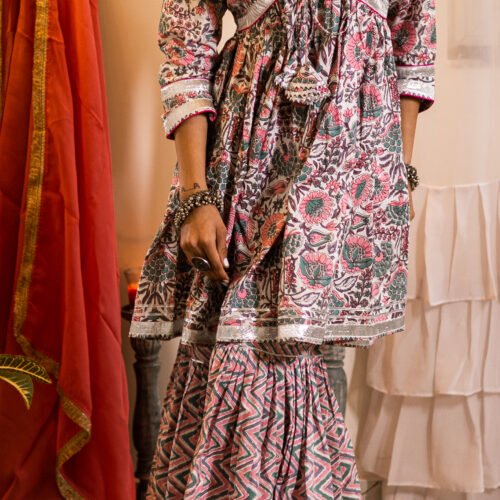 Elegant Handblock Printed Cotton Kurta with Silver Detailing