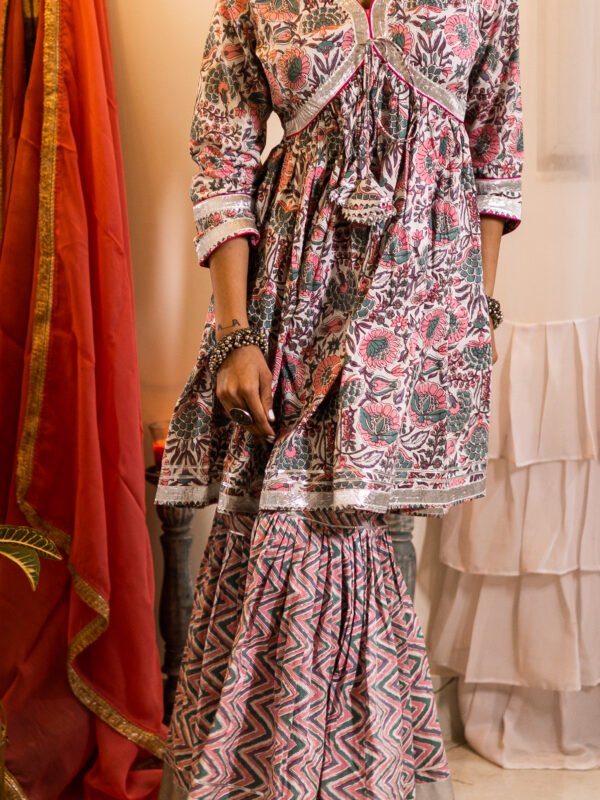 Elegant Handblock Printed Cotton Kurta with Silver Detailing