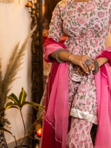 Blush Pink Floral Printed Sharara Set with Gota Detailing