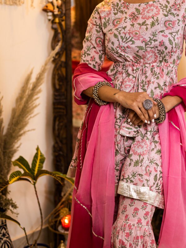 Blush Pink Floral Printed Sharara Set with Gota Detailing