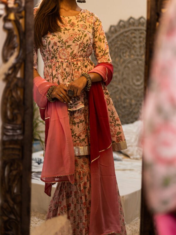 Blush Pink Floral Printed Sharara Set with Gota Detailing