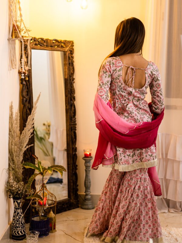 Blush Pink Floral Printed Sharara Set with Gota Detailing