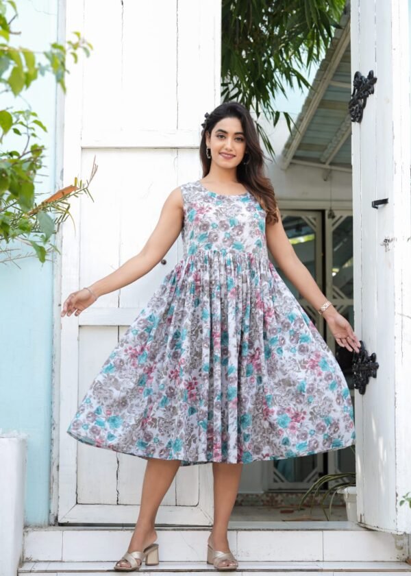 Elegant Blue Floral Layered Cotton Dress – Front Open Tassel Style | Casual & Festive Wear
