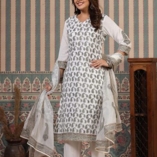 Elegant White & Grey Paisley Printed Cotton Suit Set with Dupatta | Ethnic Casual Wear