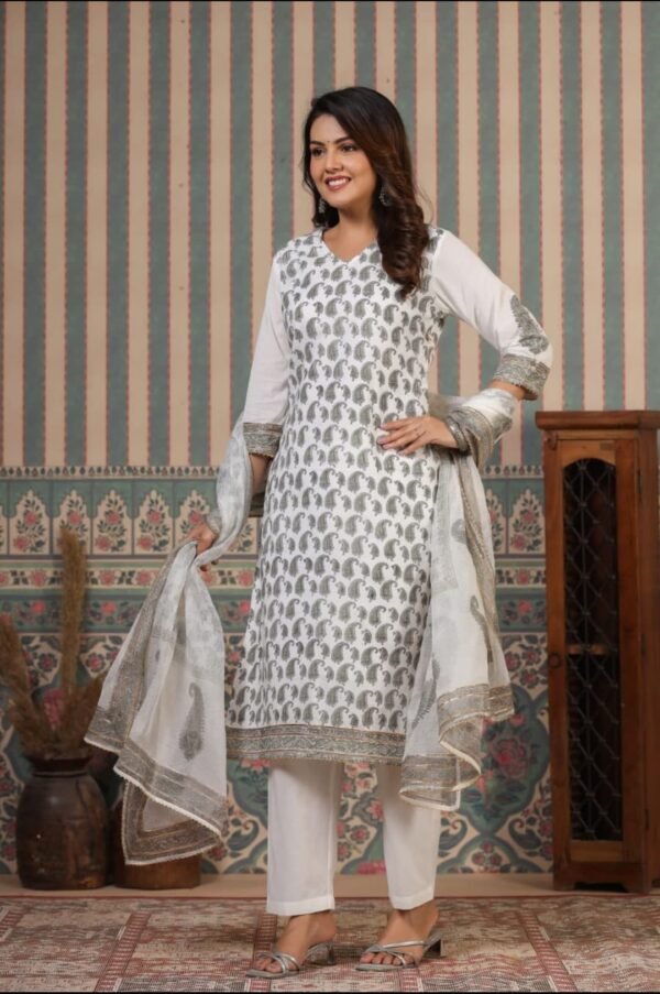 Elegant White & Grey Paisley Printed Cotton Suit Set with Dupatta | Ethnic Casual Wear