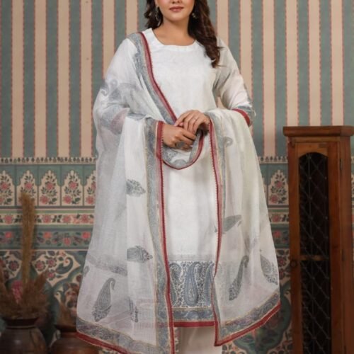 Elegant White Cotton Suit Set with Dupatta