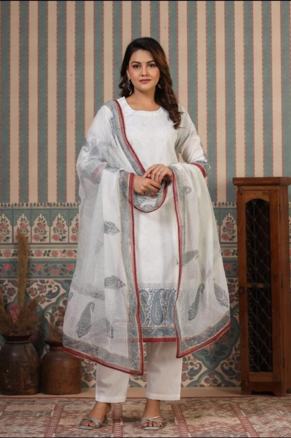 Elegant White Cotton Suit Set with Dupatta