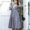 Elegant Blue Floral Layered Cotton Dress – Front Open Tassel Style | Casual & Festive Wear