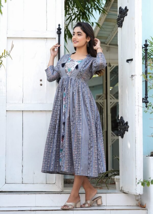 Elegant Blue Floral Layered Cotton Dress – Front Open Tassel Style | Casual & Festive Wear
