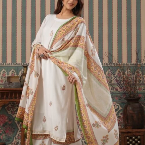 Elegant Off-White Ethnic Suit Set with Printed Dupatta & Palazzo | Festive & Casual Wear