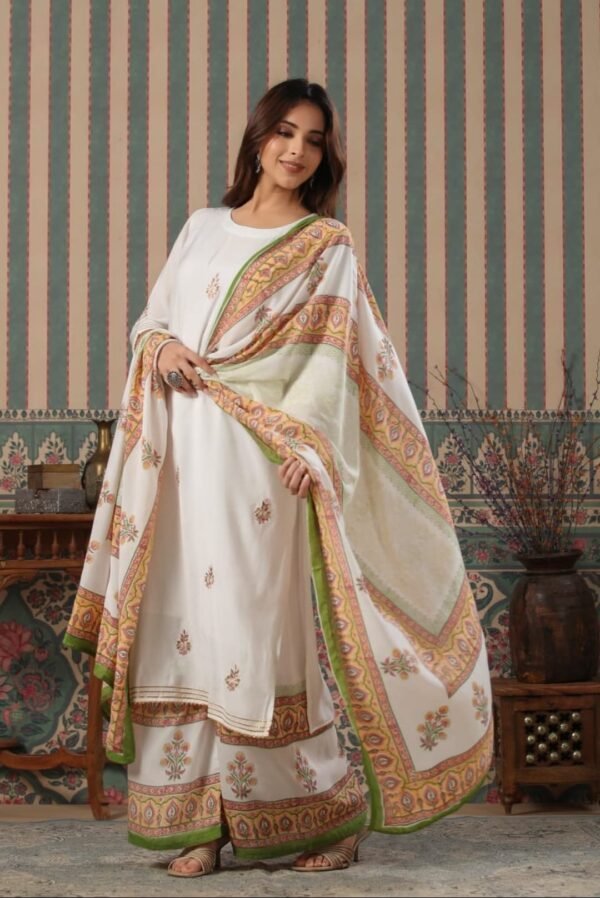 Elegant Off-White Ethnic Suit Set with Printed Dupatta & Palazzo | Festive & Casual Wear