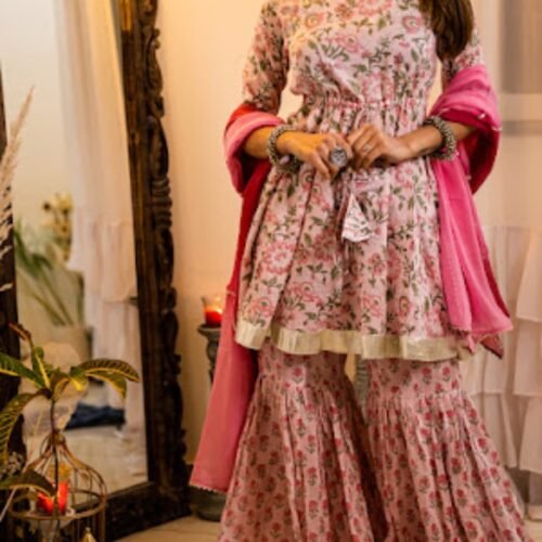 Handcrafted Cotton Angrakha Kurti with Sharara Set