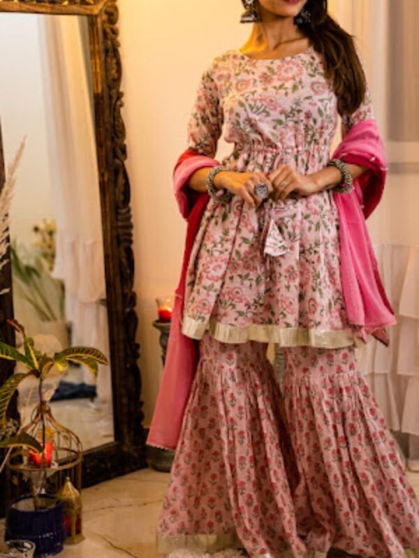 Handcrafted Cotton Angrakha Kurti with Sharara Set