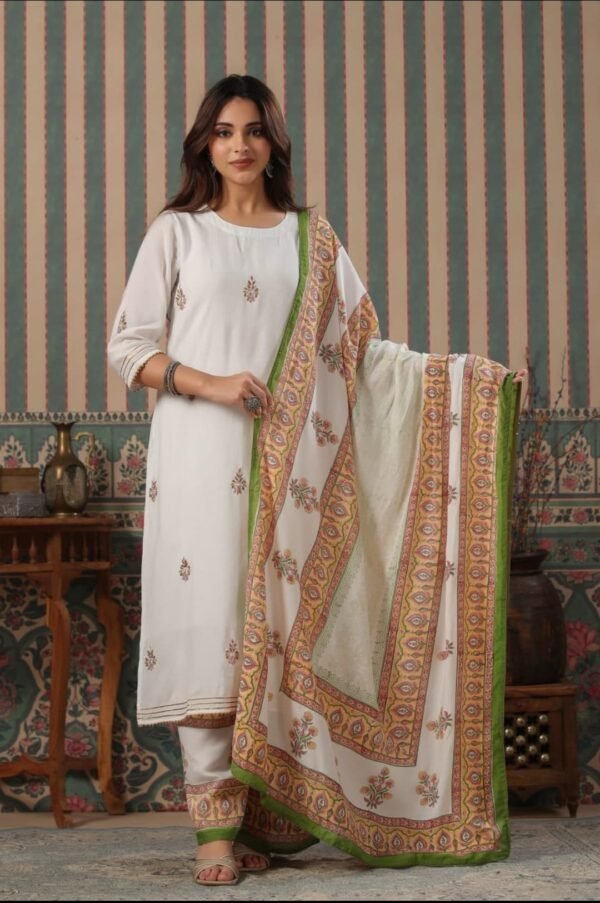 Elegant White Cotton Suit Set with Traditional Floral Dupatta – Ethnic Wear for Women
