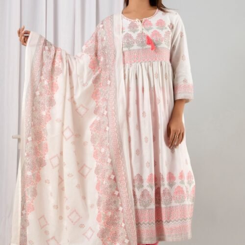 Elegant White & Pink Block Printed Cotton Suit Set – Naturally Dyed | Handmade