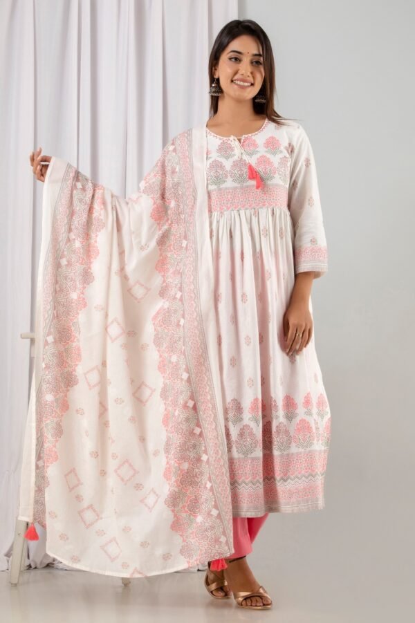Elegant White & Pink Block Printed Cotton Suit Set – Naturally Dyed | Handmade