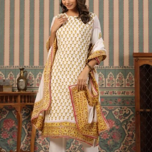 Floral Elegance White & Green Printed Cotton Suit Set with Dupatta | Ethnic Wear for Women