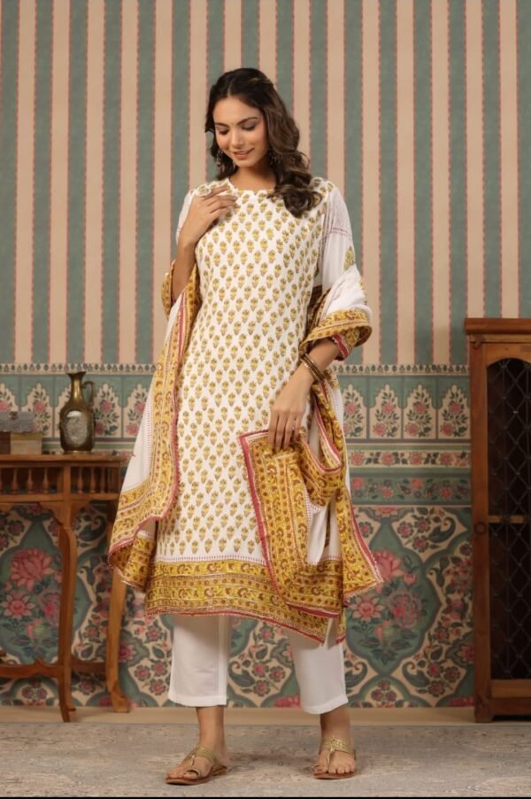 Floral Elegance White & Green Printed Cotton Suit Set with Dupatta | Ethnic Wear for Women