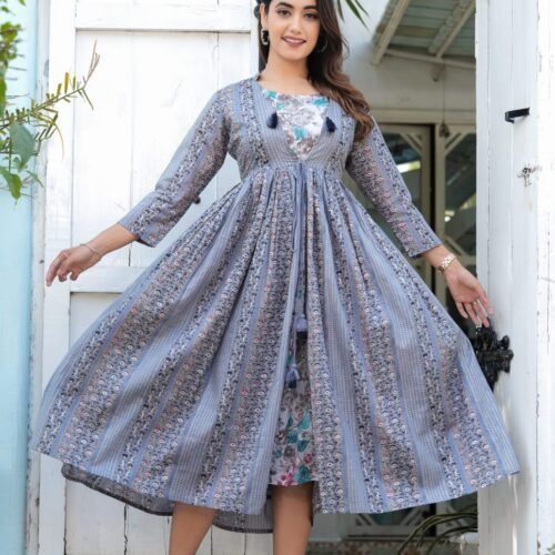 Elegant Blue Floral Layered Cotton Dress – Front Open Tassel Style | Casual & Festive Wear
