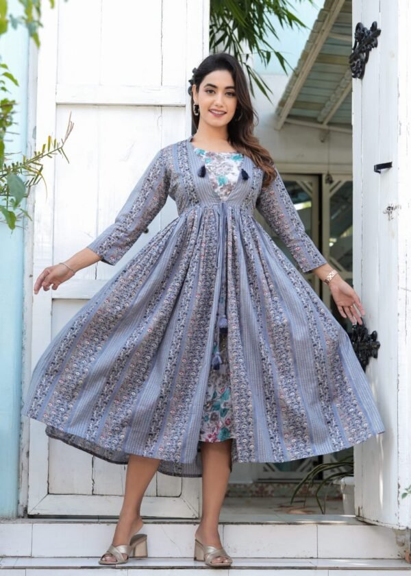 Elegant Blue Floral Layered Cotton Dress – Front Open Tassel Style | Casual & Festive Wear