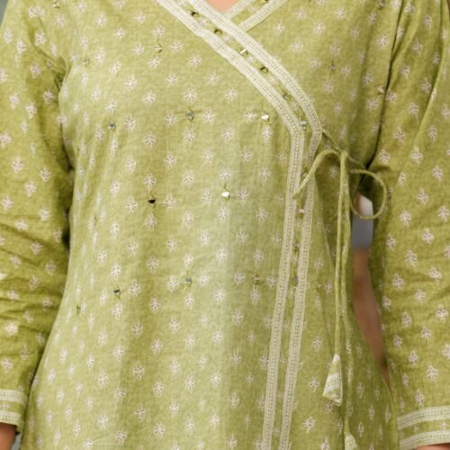 Graceful Olive Green Cotton Kurti – Mirror Work | Wrap Style with Side Tie-Up