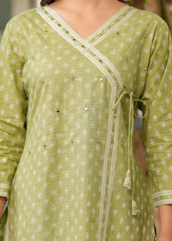 Graceful Olive Green Cotton Kurti – Mirror Work | Wrap Style with Side Tie-Up
