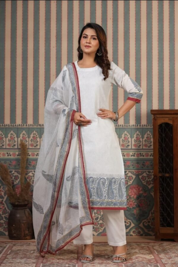 Elegant White Cotton Suit Set with Dupatta