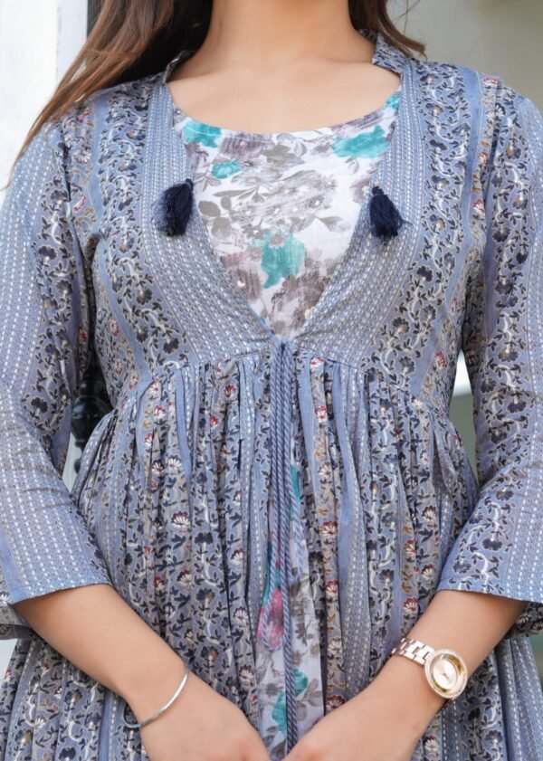 Elegant Blue Floral Layered Cotton Dress – Front Open Tassel Style | Casual & Festive Wear